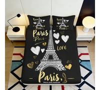 Microfibre Doux Paris Tour Eiffel Drap-Housse 3D Imprimé Coeur Doré Noir Protection Matelas Chambre Cadeau Décoration 90x200x25cm