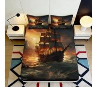 Microfibre Doux Pirate Ship Fitted Sheet 3D Printed Sunset Ocean Bed Cover pour Cadeaux Pendaison de crémaillère Mariage Anniversaire 90x200x25cm