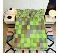 Microfibre Doux Pixel Bloc d’Herbe Drap-Housse Impression 3D Motif Cube Vert Marron Protection Literie Cadeau 90x200x25cm