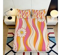 Microfibre Doux Retro Wavy Daisy Drap Housse 3D imprimé Couverture de lit Orange Rose Motif Floral pour Chambre Maison 90x200x25cm