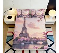 Microfibre Doux Tour Eiffel Sakura Drap-Housse 3D Printed Paris Rivière Protège-Matelas Cadeau Mariage Anniversaire 90x200x25cm