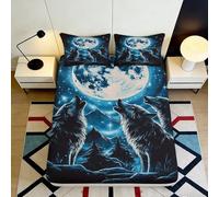 Microfibre Doux Wolf Howling Moon Drap-Housse Impression 3D Night Sky Bed Sheet pour Cadeaux Maison Mariage Anniversaire 90x200x25cm