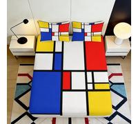 Microfibre Mondrian géométrique Drap-Housse Art 3D imprimé Rouge Bleu Jaune Couverture de lit pour Cadeau Pendaison de crémaillère Mariage Anniversaire 90x200x25cm