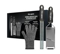 Microplane Ensemble râpe de cuisine (Zesteur, mandoline & gant) pour parmesan, pommes de terre, concombre, courgette, carotte, gingembre, noix de muscade en acier inoxydable et noir