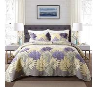 MiDuoHU Couvre-lit matelassé 230cmx250cm et 2 taies d'oreiller 3 pièces Belles couvertures Florales Violettes Jaunes Couverture de couettes 100% Coton