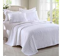 MiDuoHU Couvre-lit matelassé Couverture Couvre-lit Lavable en Relief et réversible de Couleur Unie avec 2 taies d'oreiller 100% Coton(Blanc,230x250cm)