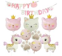 Mignon chat décoratif pour anniversaire, ballons à thème de dessin animé, décoration d'anniversaire rose, ballon en aluminium en forme de cœur et d'étoile, pour fête d'anniversaire, fournitures de