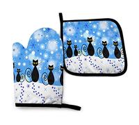 Mignons Chats Noirs de Noël Mitaines de Four et maniques Ensemble de Cuisine résistant à la Chaleur Noël Hiver Flocons de Neige Gants de Cuisine décoratifs Gants de Four à Micro-Ondes pour la cuisso