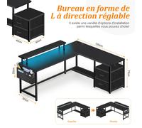 Mihtrov Bureau d'angle en L avec Lampes LED, Grand Bureau Gaming, Equipé de 2 Prises Électriques, 2 Ports USB + 1 Port Type-C, avec 2 Tiroirs et Support d'Écran, Bureau de Travail et de Jeu à Domicile