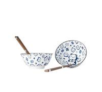 MIJ Europe Set de 4 bols en céramique avec motif chat Maneki Blanc et bleu 15 cm de diamètre, 400 ml, 2 paires de baguettes, 1 paire de bols pour 2 personnes