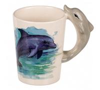 MIJOMA Gobelet à thé en céramique avec anse Motif animal, tasse 3D peinte à la main pour amoureux des animaux, café, thé, cacao, 11 x 8,5 cm, 300 ml (dauphin)