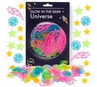 MIJOMA Lot de 100 autocollants muraux univers magiques | Étoiles et planètes phosphorescentes, phosphorescentes, univers étoilés, couleurs fluo, avec pastilles adhésives