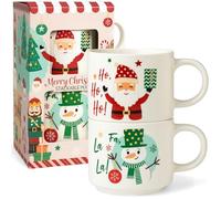 MIJOMA Lot de 2 tasses de Noël empilables en porcelaine 350 ml avec motif bonhomme de neige et Père Noël - Gobelets à café festifs dans un carton cadeau