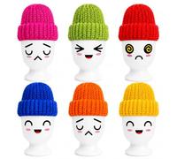 MIJOMA Lot de 6 coquetiers en porcelaine avec 6 bonnets chauffants colorés - Passe au lave-vaisselle, pour petit-déjeuner et brunch (blanc, Funny Faces 2)