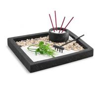 MIJOMA Mini jardin zen avec porte-encens et râteau, 7 pièces | Cadre carré en ciment noir, sable, galets et plante artificielle, environ 20,2 x 20,2 cm, 1,02 kg, pour table et bureau