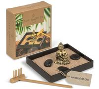 MIJOMA Mini kit de jardin zen avec figurine de Bouddha - Décoration de table pour la pleine conscience et la méditation, avec sable, pierres et râteau, kit de décoration japonais pour bureau et maison