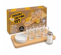 Mijoma Set de 9 pièces pour tequila, planche à tequila, 6 tasses, 1 salière, 1 bol en faïence, plateau de service en bois, support pour verres
