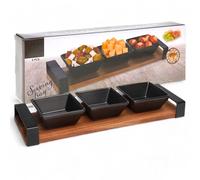 MIJOMA Set de service 4 pièces - Élégante planche en bois d'acacia avec 3 bols en céramique - Parfait pour tapas, sauces, fromage et collations - Décoration de table élégante