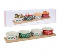 MIJOMA Set de service de Noël 5 pièces - Planche en bois avec 4 bols en porcelaine - Parfait pour tapas, olives, cubes de fromage, sauces et sauces - Designs festifs pour la table de Noël