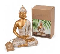 MIJOMA Statuette décorative Bouddha, or et blanc, style vintage, en polyrésine, hauteur 14-34 cm, optionnelle avec porte-bougie - Tranquillité spirituelle et élégance (11 x 9 x 16,5 cm)