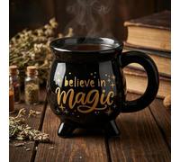 MIJOMA Tasse 350 ml en porcelaine avec impression dorée - Believe in Magic | Gobelet noir avec impression en feuille d'or brillante et étoiles, anse et petits pieds, environ 9 × 9 cm, pour la pause thé