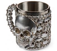 MIJOMA Tasse à anse 3D en pierre artificielle et acier inoxydable, 16 x 11 cm, 400 ml, parfaite pour Halloween, décoration gothique et médiévale (argenté, crânes Allover)