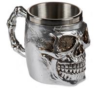 MIJOMA Tasse à anse 3D en pierre artificielle et acier inoxydable, 16 x 11 cm, 400 ml - Tasse à café ou chope à bière parfaite pour Halloween, décoration gothique et médiévale (argenté - Big Skull)