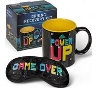 MIJOMA Tasse à café Power Up et kit de repos de jeu : masque de sommeil avec impression Game Over, idéale pour les joueurs, tasse à anse noir/jaune