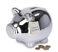 MIJOMA Tirelire cochon 12 x 9 x 9 cm - Céramique dolomite galvanisée avec finition brillante - Décoration élégante et cadeau d'argent pour salon, bureau ou étagère (argenté)