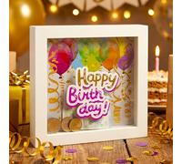 MIJOMA Tirelire en bois avec façade en verre - Cadre décoratif pour cadeaux en argent pour mariage, anniversaire, voyage et plus encore - Boîte à monnaie créative (Happy Birthday! - Blanc, 15 x 15 x 5