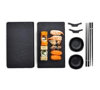 mikamax Ensemble à sushi pour 2 personnes, noir | 2 baguettes, 2 bols à sauce soja, 2 plateaux de service