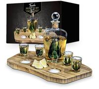 MikaMax Tequila Decanter Set complet - Carafe d'agave faite à la main avec bouchon en liège 840 ml, plateau en bambou gravé pour sel et citron, verres à tequila, verres à shot, set de luxe.