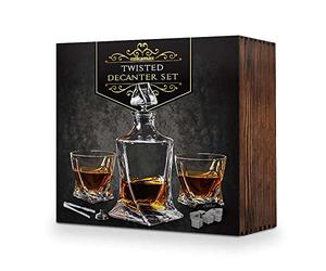 Mikamax - Twisted Decanter Set - Coffret Décanteur Et Verre À Whisky - 2 Verres - 9 Pierres À Whisky - Boîte Cadeau En Bois