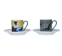Mikasa x Sarah Arnett Espresso Cups Set, 2x Espresso Cups and Saucers, Porcelain Small Espresso Cups with Animal Print, 85ml - Gift Boxed and Dishher Safe (Coffret cadeau et lavable au lave-vaisselle)
