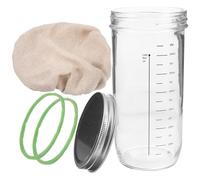 Mikikit Bocal à Levain en Verre 730ml Couvercle et Mesure | Lot de 1 Set de Set, Capuchon en Tissu, Aluminium et Coton-lin, Boulangerie, Usage de Fermentation