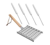 Mikinona Grill à Saucisses en Acier Inoxydable avec Manche en Bois, Rouleau Amovible pour Barbecue Extérieur, Facile à Ranger, Ensemble 5 Pièces pour Hot Dog
