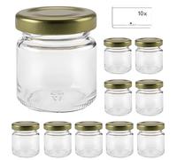 mikken Lot de 10 mini bocaux à confiture en verre avec couvercles Doré 53 ml Avec étiquettes