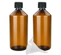 mikken Lot de 2 bouteilles de laboratoire marron 1000 ml en plastique (PET), flacons pharmaciens, flacons veraux avec entonnoir