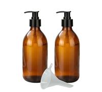 mikken Lot de 2 distributeurs de Savon, en Verre, Marron, 250 ML, Rechargeables, sans BPA, pour Savon, désinfectant, Liquide Vaisselle, shampoing, avec Entonnoir