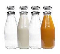 mikken Lot de 4 bouteilles en verre de 500 ml avec couvercle argenté + 4 couvercles de rechange et 4 étiquettes