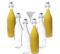 mikken Lot de 6 bouteilles en verre avec bouchon mécanique en porcelaine 1 l + entonnoir