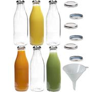 mikken Lot de 6 bouteilles en verre de 1 l avec 12 bouchons à visser sans PVC et entonnoir