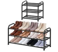 MIKVOYO Meuble à Chaussure Petit Extensible 3 Niveaux | Porte chaussure en métal noir pour entrée, meuble bas gain de place, rangement chaussures adaptable pour armoire et chambre