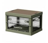 Milageto Boîte de Rangement Extérieure Boîte Pliable Coffre Empilable Caisse Rectangulaire Couvercle Aspect Bois Accès Latéral Multiples Fermeture à Loquet, Vert Transparent