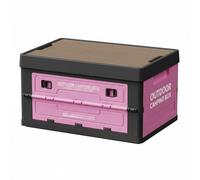 Milageto Boîte de Rangement Extérieure Boîte Pliable Coffre Empilable Caisse Rectangulaire Couvercle Aspect Bois Accès Latéral Multiples Fermeture à Loquet, Noir Et Rose