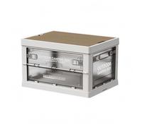 Milageto Boîte de Rangement Extérieure Boîte Pliable Coffre Empilable Caisse Rectangulaire Couvercle Aspect Bois Accès Latéral Multiples Fermeture à Loquet, Blanc Transparent