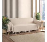Milam London Jeté Canapé 3 Places, Jetés Extra Grands Canapés | 180 x 300 cm Beige, Housse Canapé 3 Places, Grand Jeté, Motif Chevrons à Franges