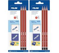 MILAN - 3 crayons graphite hexagonaux HB, gomme et taille-crayons (Lot de 2)