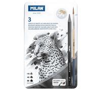 MILAN Boîte métallique 3 crayons graphite aquarellable (HB, 4B et 8B) 1 taille-crayon Affûtage 1 gomme The Master Gum 1 pinceau, 07168103C