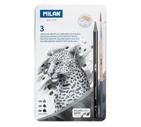 MILAN Boîte métallique 3 crayons graphite aquarellable (HB, 4B et 8B) 1 taille-crayon Affûtage 1 gomme The Master Gum 1 pinceau, 07168103C